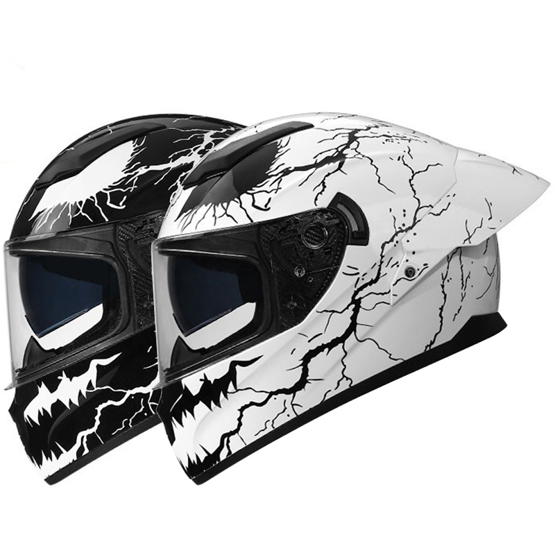 Dual Visor Motorcycle Racing Helmet - หมวกกันน็อคมอเตอร์ไซค์เต็มใบ ดีไซน์แฟชั่น ลายกราฟิกสายฟ้า พร้อมสปอยเลอร์หลังขนาดใหญ่และชิลด์สองชั้น